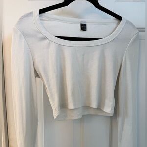 SHEIN White Ribbed Long-Sleeve Cropped Scoop Neck Top